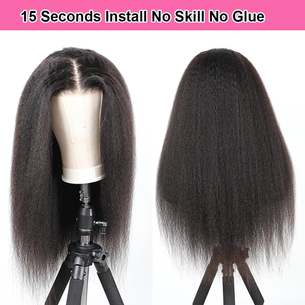 Domiso 22 Inch Wear and Go Glueless Wig Kinky Straight Lace Pre Cut 7x5 Lace Front Wigs Human Hair for Women Glueless Wig with Elastic Band Natural Hairline 200% Density Yaki Hair Natural Black