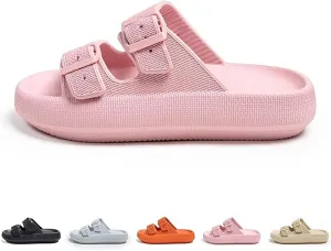 Double Buckle Sandals, EVA Flat Sandals, Lightweight Comfort Slides Double Buckle Slip-on Adjustable, Sandals for Women and Men, Grey