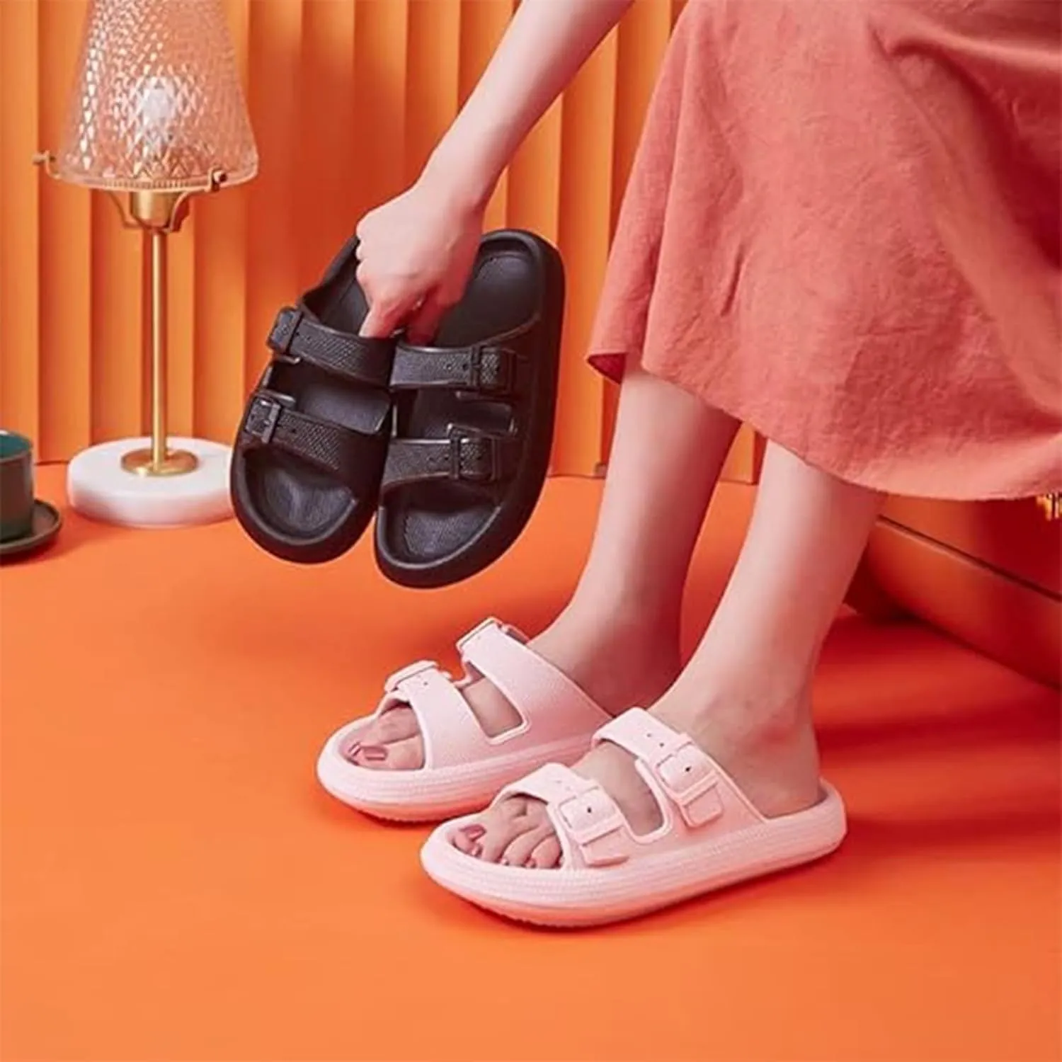 Double Buckle Sandals, EVA Flat Sandals, Lightweight Comfort Slides Double Buckle Slip-on Adjustable, Sandals for Women and Men, Grey