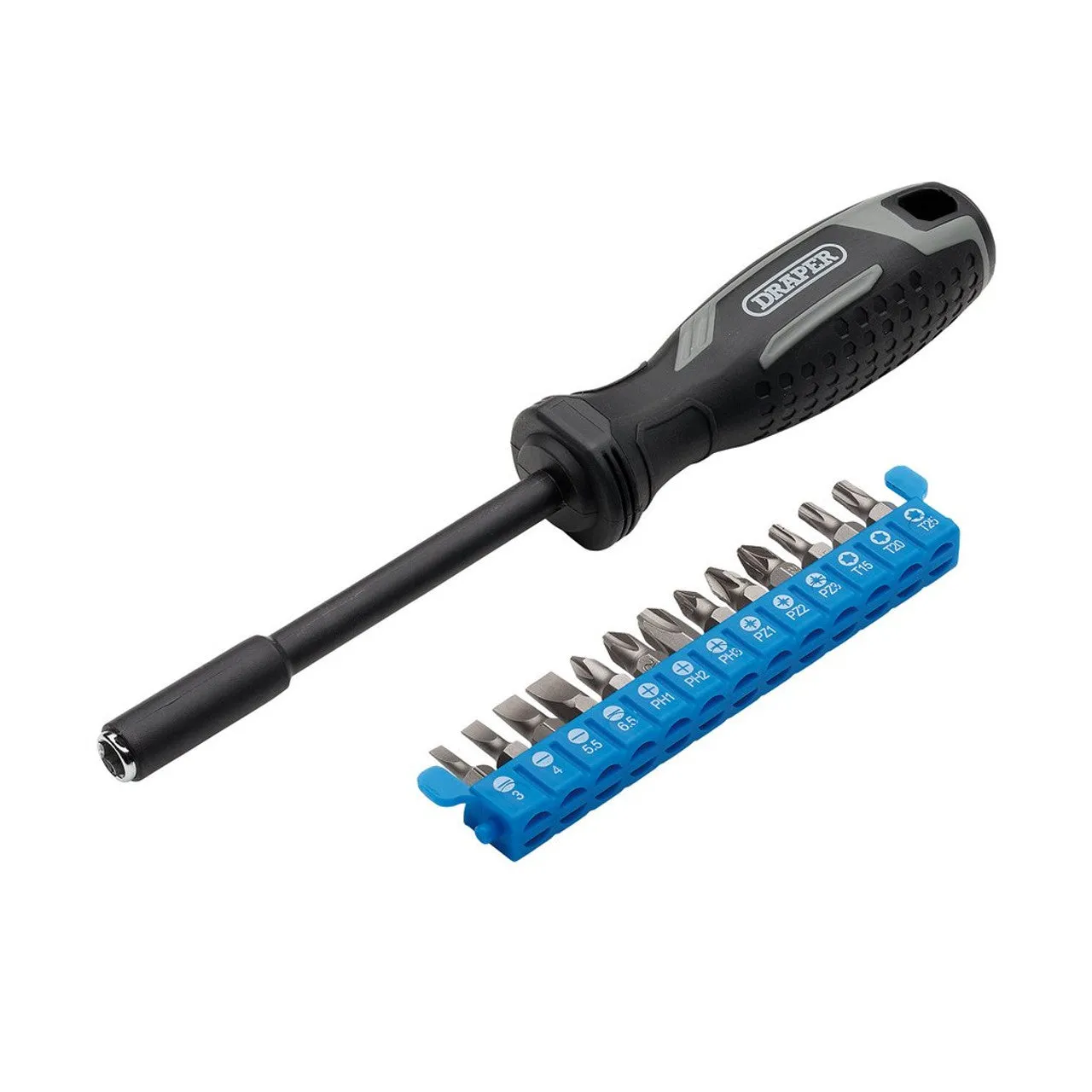 Draper Soft Grip Magnetic Screwdriver & Bit Set 1/4" x 100mm 14 Piece