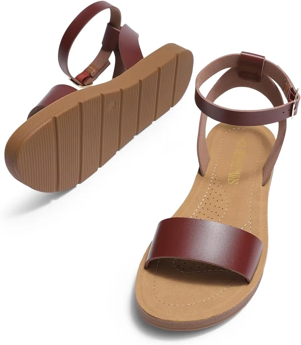 DREAM PAIRS Women’s One Band Ankle Strap Buckle Flat Sandals