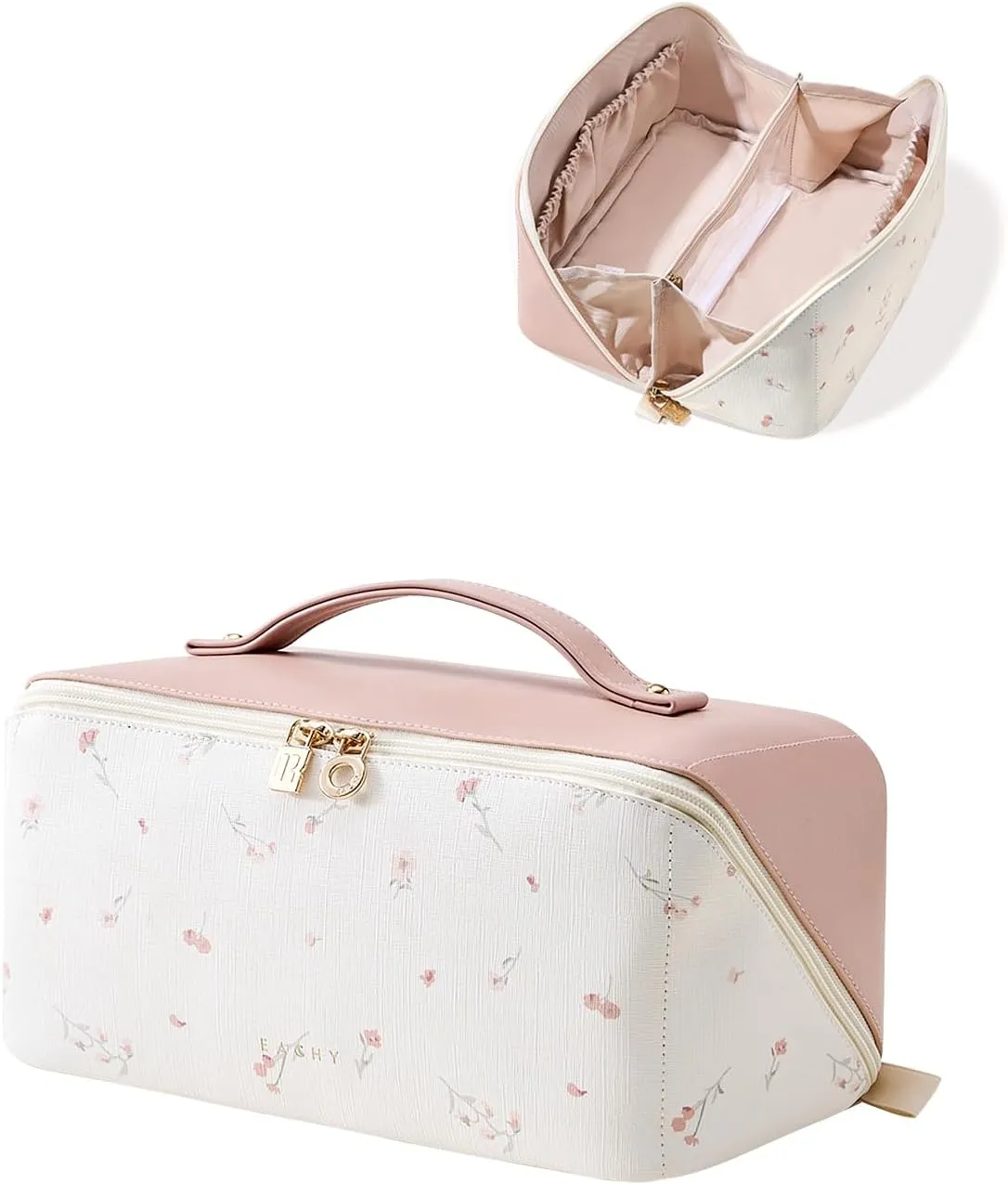 EACHY Travel Makeup Bag,Large Capacity Cosmetic Bags for Women,Waterproof Portable Pouch Open Flat Toiletry Bag Pattern Makeup Bag (X-Pink)