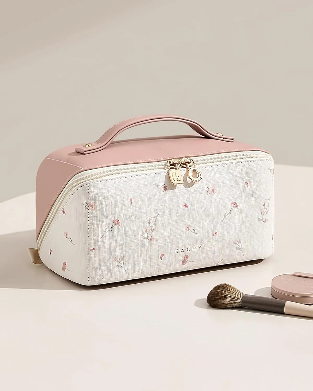 EACHY Travel Makeup Bag,Large Capacity Cosmetic Bags for Women,Waterproof Portable Pouch Open Flat Toiletry Bag Pattern Makeup Bag (X-Pink)