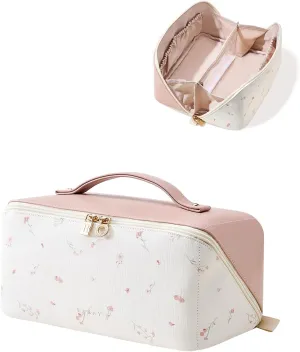 EACHY Travel Makeup Bag,Large Capacity Cosmetic Bags for Women,Waterproof Portable Pouch Open Flat Toiletry Bag Pattern Makeup Bag (X-Pink)