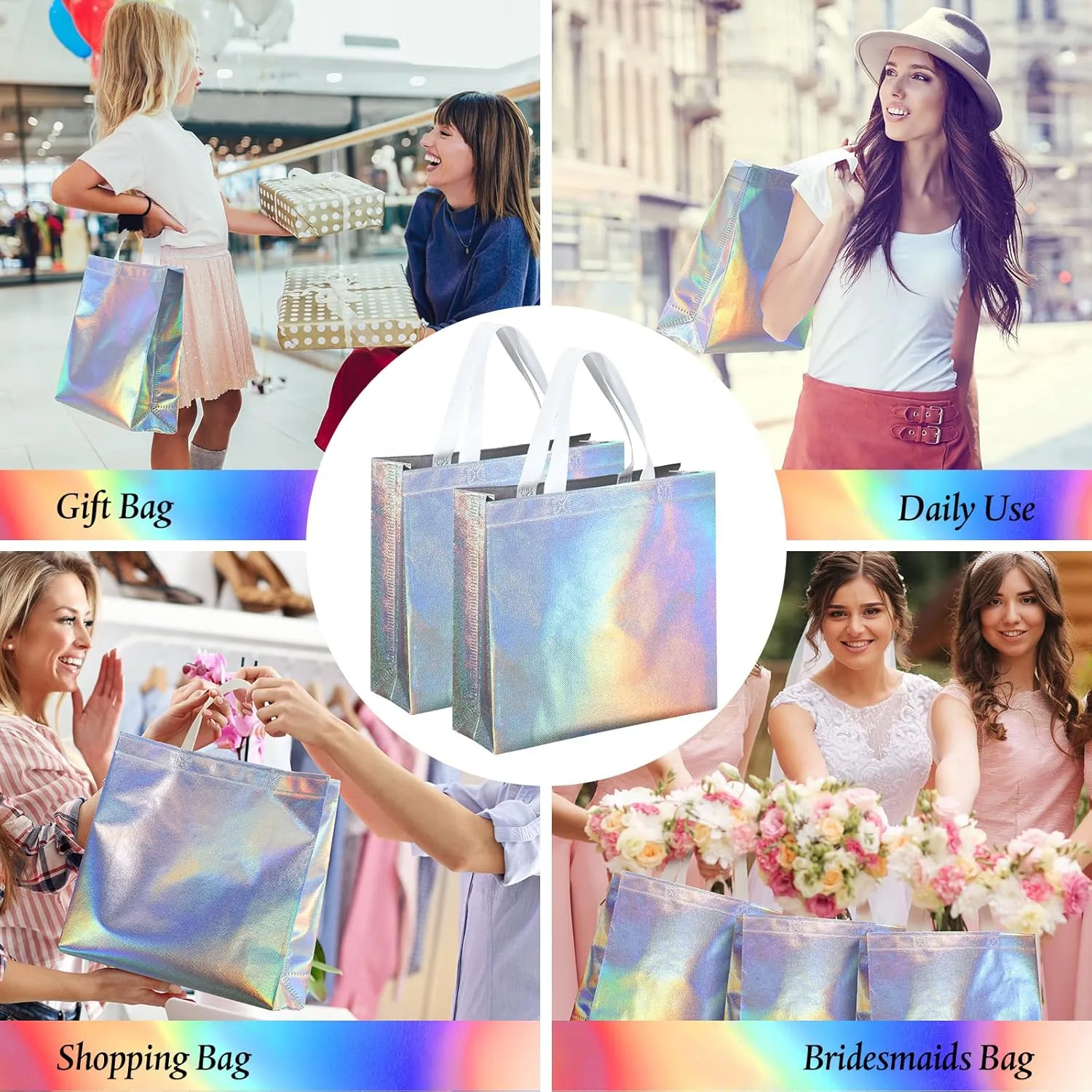 Eccliy 60 Pcs Reusable Gift Tote Bags Grocery Shopping Bag with Handles Thank You Gift Bags for Bridesmaid Wedding(Iridescent)