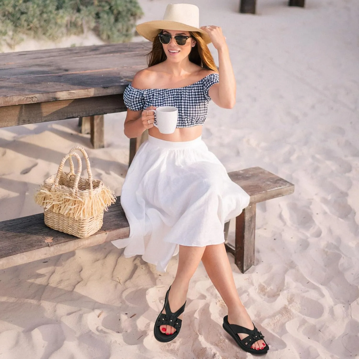 Ecetana Sandals for Women 2025 Wedge Slides Dressy Summer Comfortable Memory Foam Slip on Casual Platform Shoes