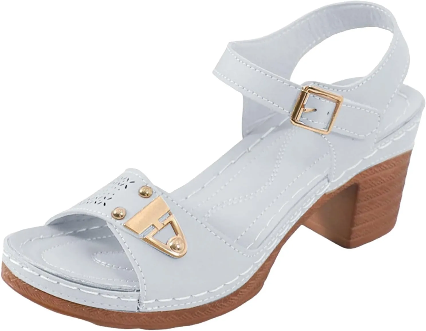 Eduavar Women's Wedge Sandals, Orthopedic Leather Peep Toe Cutout Zipper Chunky Heeled Sandals in White, Brown for Casual Wear