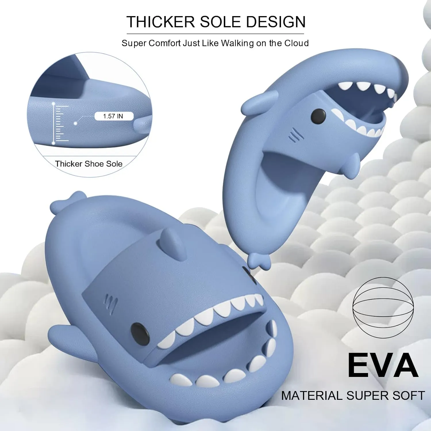 EECH Big Kid Cute Slippers, Cloud Shark Slides, Upgraded Thick Sole Non-Slip Sandals for Kids, Indoor Outdoor Summer