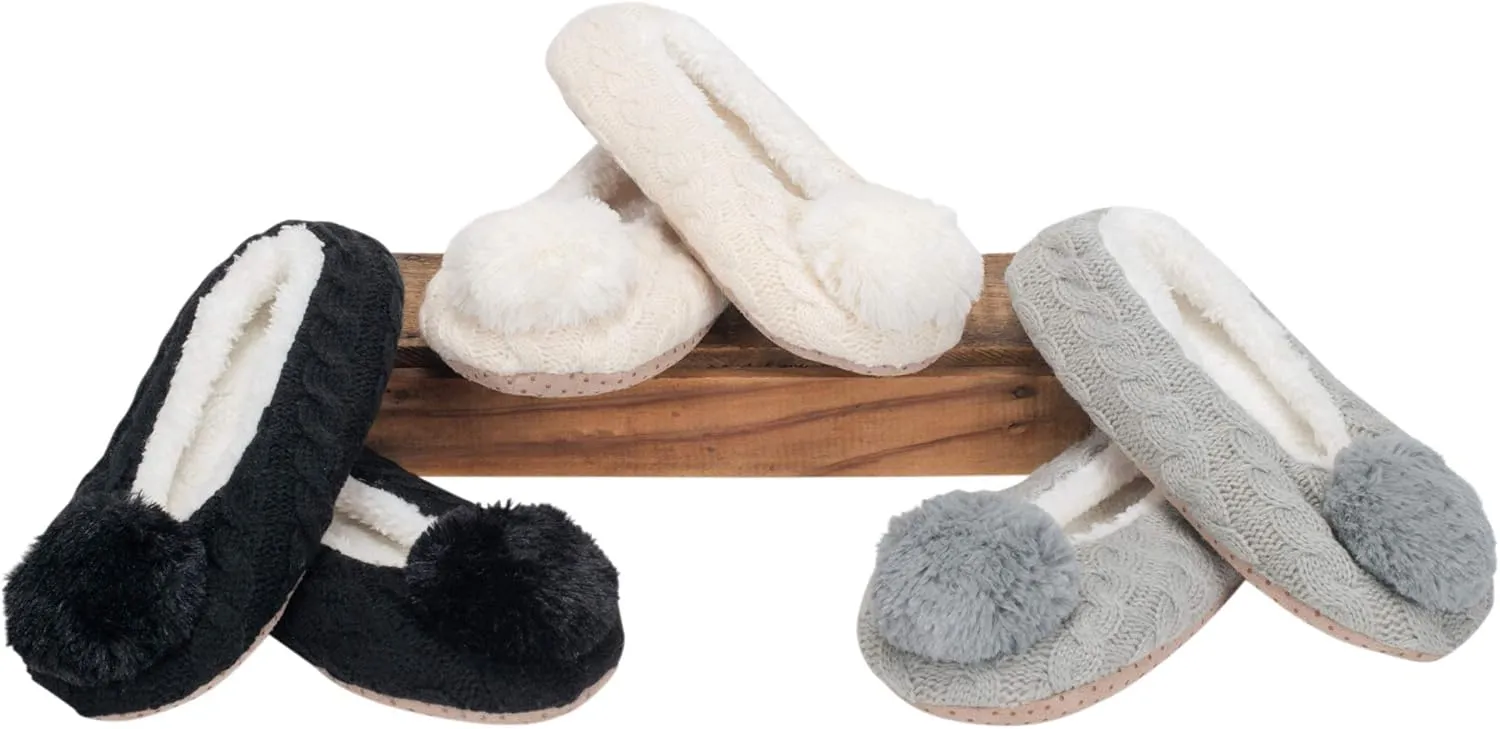 Elanze Designs Ballerina Knit Pom Womens Plush Lined Cozy Non Slip Indoor Soft Slipper