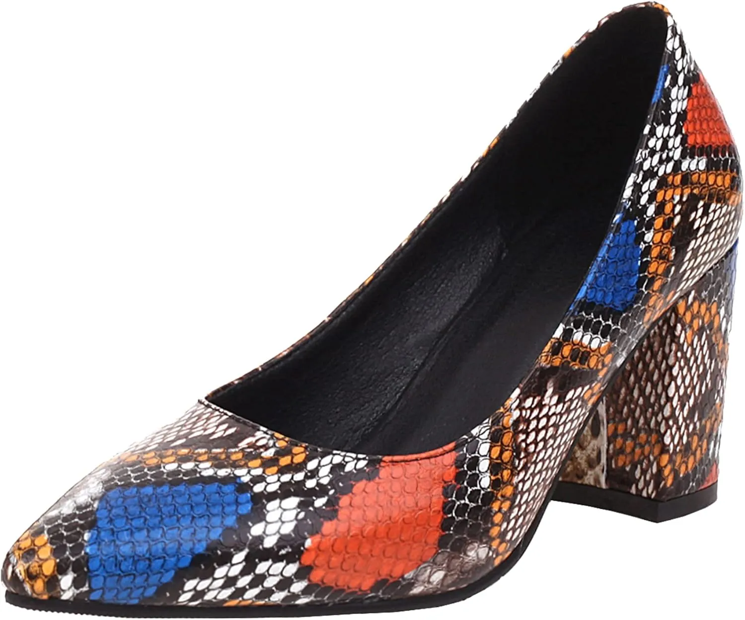 Elbslutt Women's Snake Print Pointed Toe Block Heels Pumps Slip On Chunky High Heels Closed Toe Dress Shoes