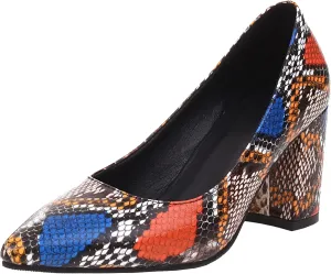 Elbslutt Women's Snake Print Pointed Toe Block Heels Pumps Slip On Chunky High Heels Closed Toe Dress Shoes