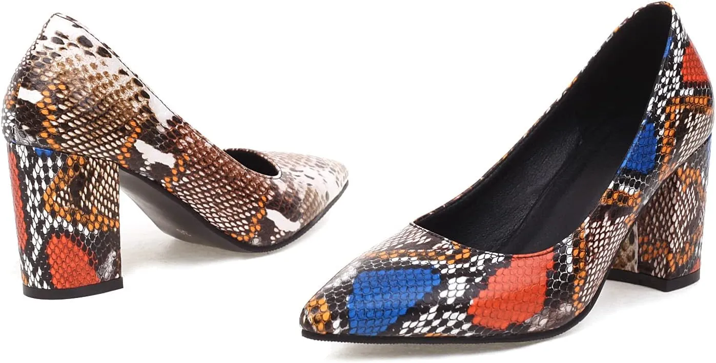 Elbslutt Women's Snake Print Pointed Toe Block Heels Pumps Slip On Chunky High Heels Closed Toe Dress Shoes