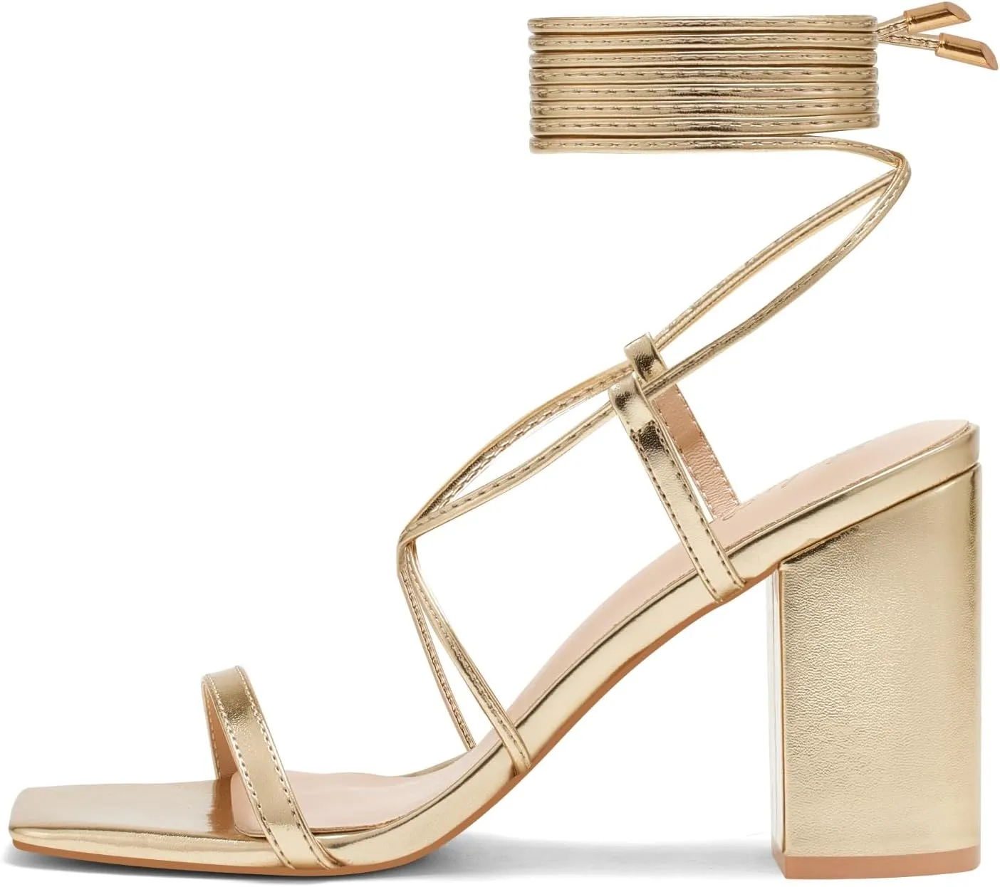 Elisabet Tang Women's Strappy Chunky Heels Sandals, 3 inch Low Block Heels Lace Up Ankle Wrap Heel Square Open Toe Tie Up Heeled Sandals Shoes