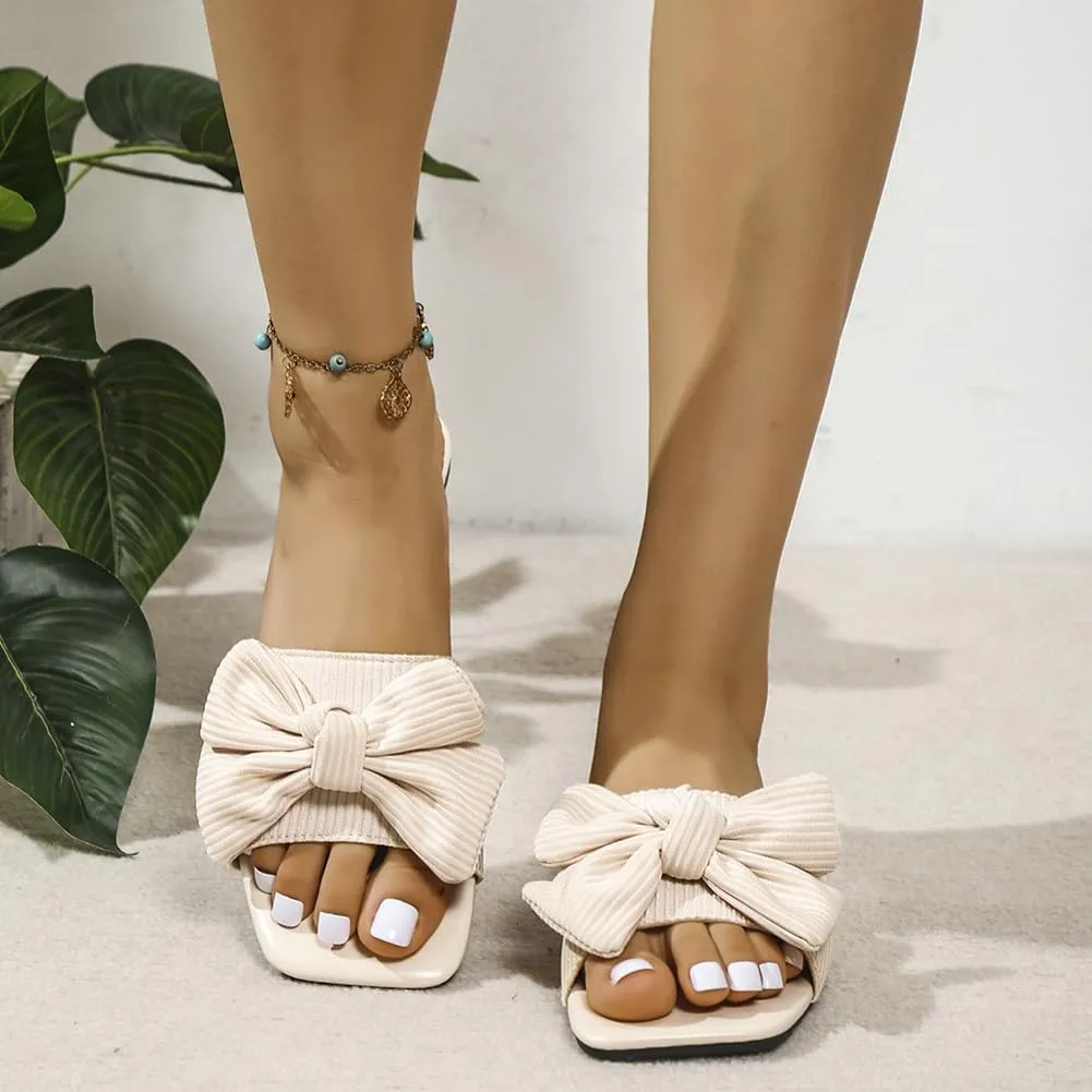 Epsion Women's Open Toe Flat Sandals Bow Knot Slip On Slides Summer Beach Lightweight Dressy Outdoor Slippers