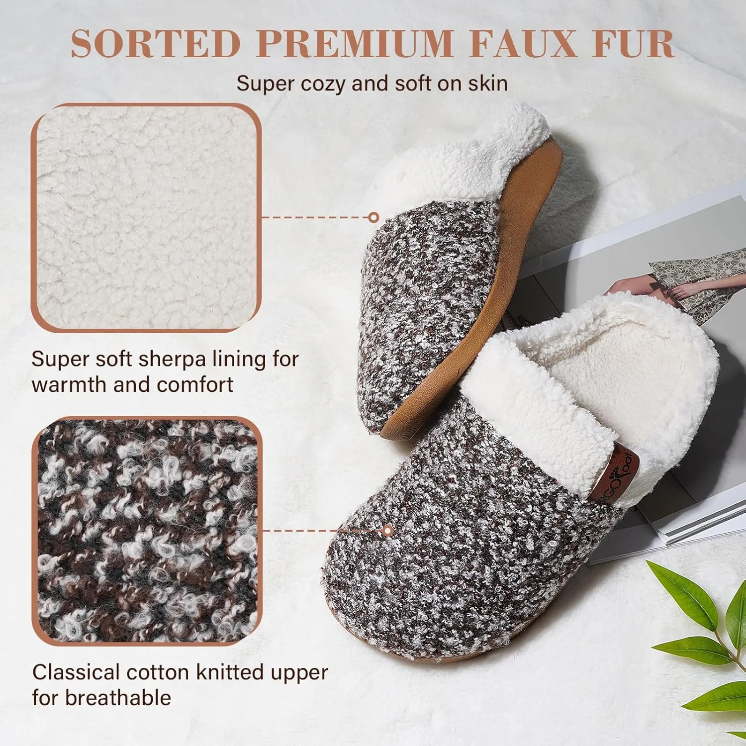 ERGOfoot Orthopedic Slippers with Arch Support, Slip-On Knit Soft Sherpa Lining House Slipper, Plantar Fasciitis Relief, Orthotic House Shoes with Indoor Outdoor Anti-Skid Rubber Sole