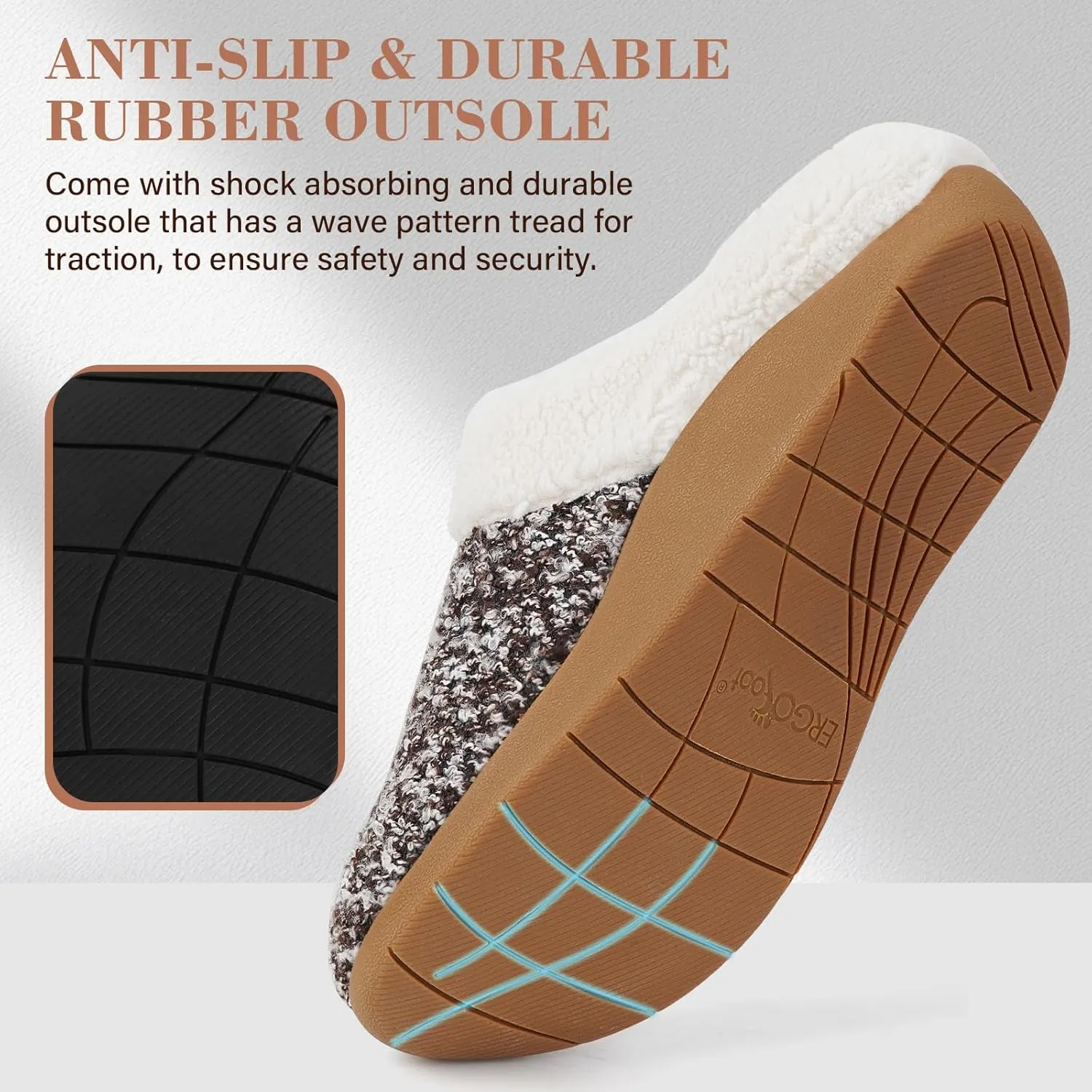 ERGOfoot Orthopedic Slippers with Arch Support, Slip-On Knit Soft Sherpa Lining House Slipper, Plantar Fasciitis Relief, Orthotic House Shoes with Indoor Outdoor Anti-Skid Rubber Sole