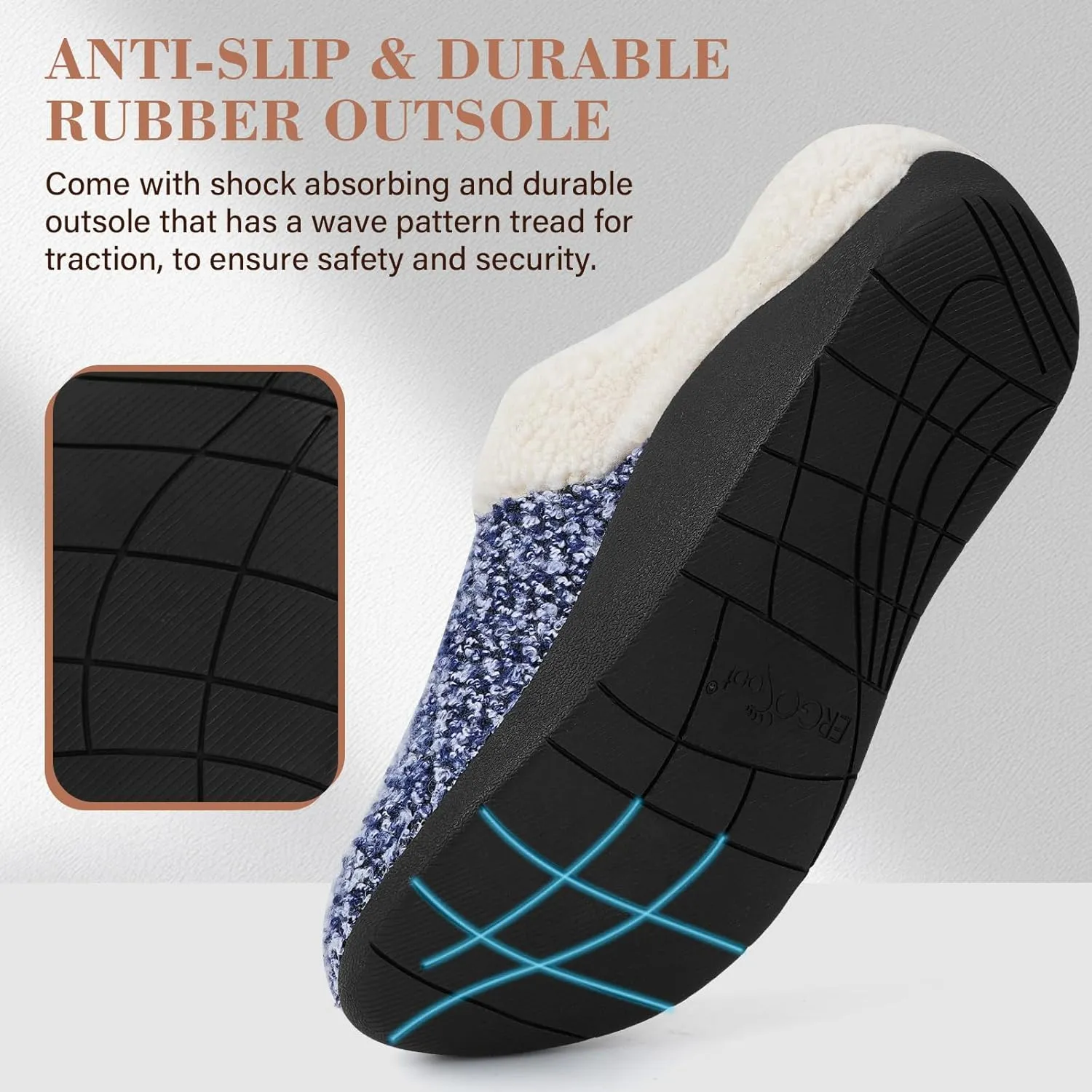ERGOfoot Orthopedic Slippers with Arch Support, Slip-On Knit Soft Sherpa Lining House Slipper, Plantar Fasciitis Relief, Orthotic House Shoes with Indoor Outdoor Anti-Skid Rubber Sole