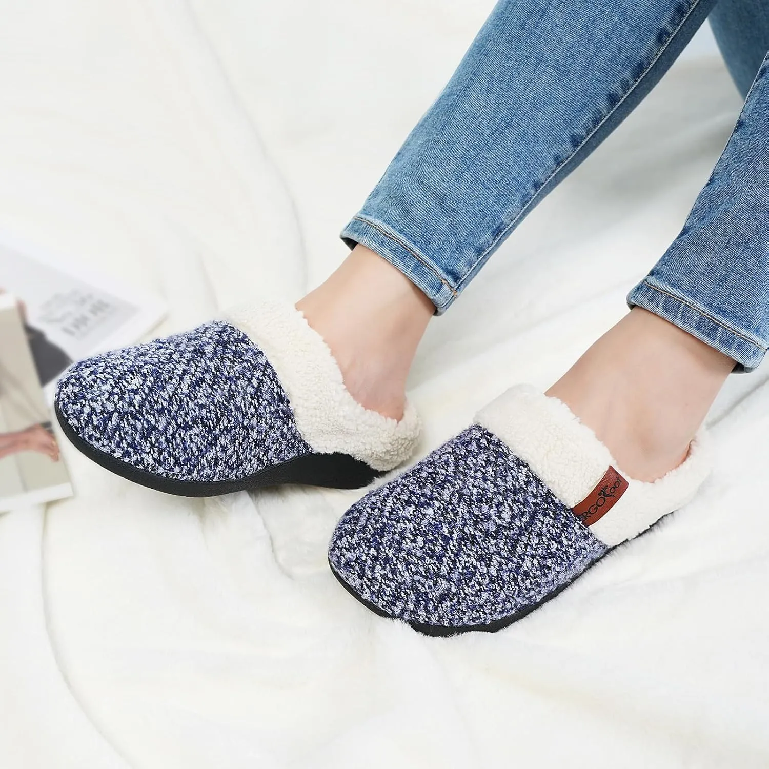 ERGOfoot Orthopedic Slippers with Arch Support, Slip-On Knit Soft Sherpa Lining House Slipper, Plantar Fasciitis Relief, Orthotic House Shoes with Indoor Outdoor Anti-Skid Rubber Sole