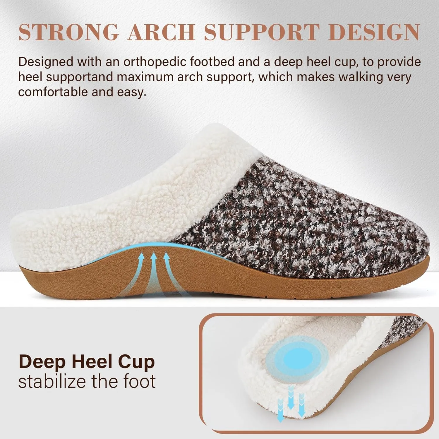 ERGOfoot Orthopedic Slippers with Arch Support, Slip-On Knit Soft Sherpa Lining House Slipper, Plantar Fasciitis Relief, Orthotic House Shoes with Indoor Outdoor Anti-Skid Rubber Sole