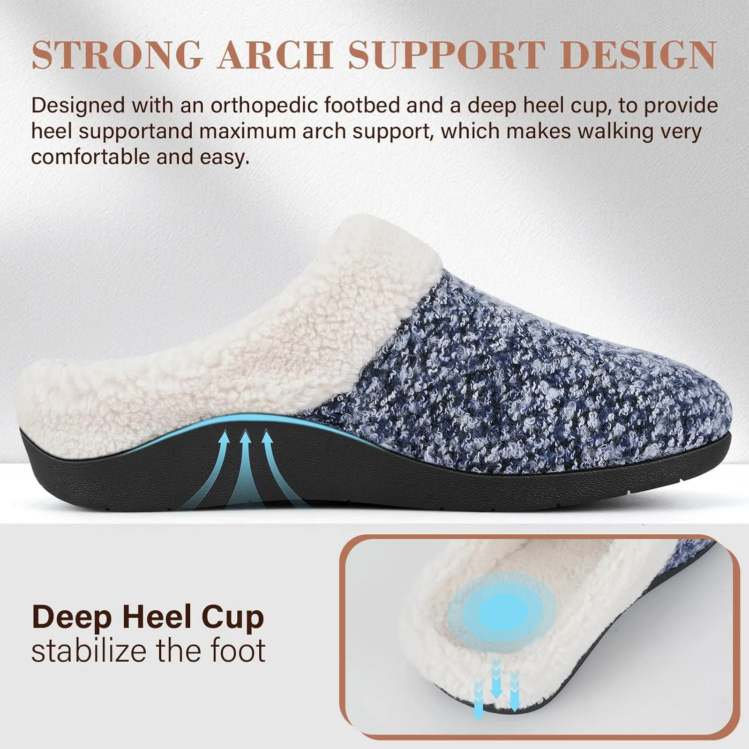 ERGOfoot Orthopedic Slippers with Arch Support, Slip-On Knit Soft Sherpa Lining House Slipper, Plantar Fasciitis Relief, Orthotic House Shoes with Indoor Outdoor Anti-Skid Rubber Sole