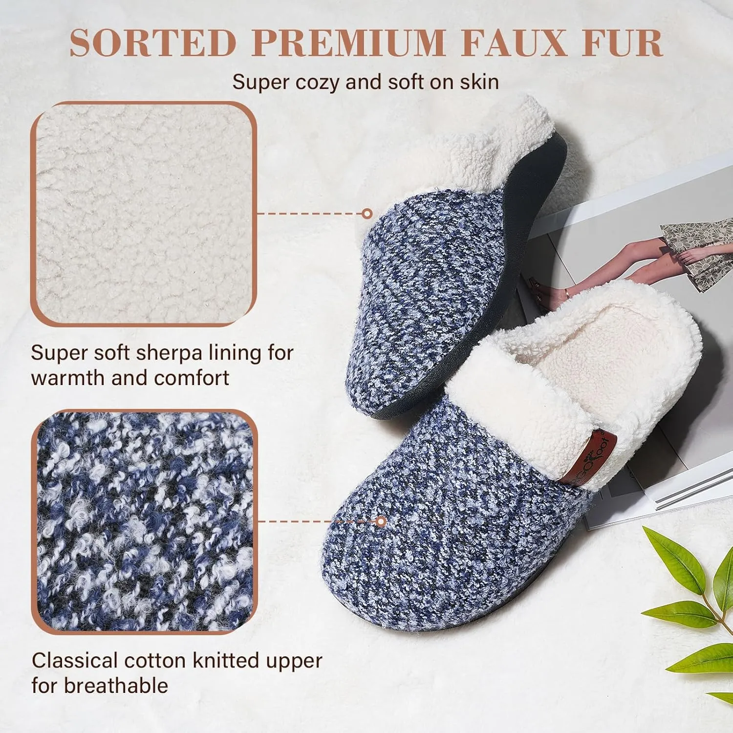 ERGOfoot Orthopedic Slippers with Arch Support, Slip-On Knit Soft Sherpa Lining House Slipper, Plantar Fasciitis Relief, Orthotic House Shoes with Indoor Outdoor Anti-Skid Rubber Sole