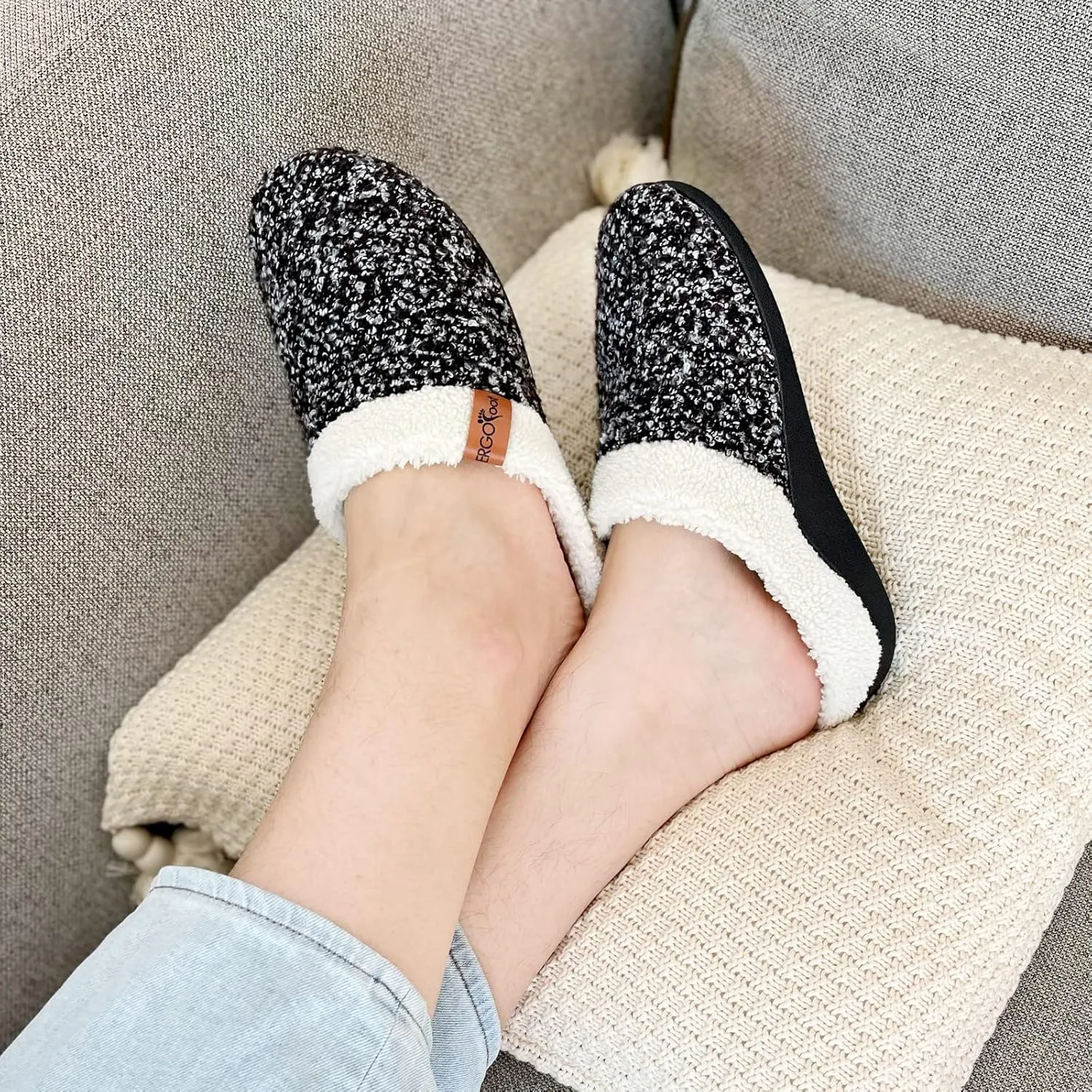 ERGOfoot Orthopedic Slippers with Arch Support, Slip-On Knit Soft Sherpa Lining House Slipper, Plantar Fasciitis Relief, Orthotic House Shoes with Indoor Outdoor Anti-Skid Rubber Sole