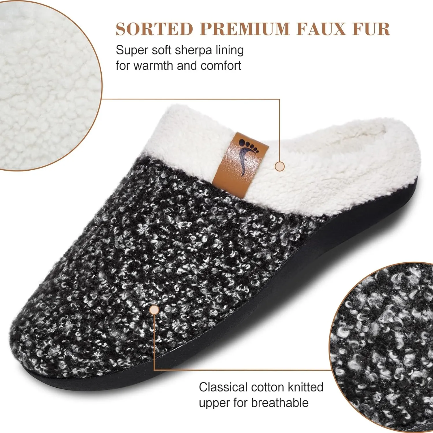 ERGOfoot Orthopedic Slippers with Arch Support, Slip-On Knit Soft Sherpa Lining House Slipper, Plantar Fasciitis Relief, Orthotic House Shoes with Indoor Outdoor Anti-Skid Rubber Sole