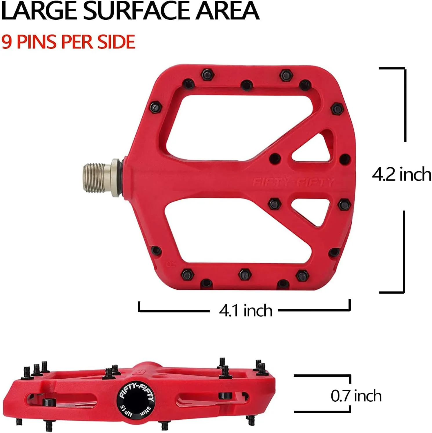 FIFTY-FIFTY Mountain Bike Pedals, Non-Slip MTB Nylon Composite, 9/16" Bicycle Pedals, Lightweight and Wide Flat Platform