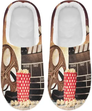 Film Popcorn Movie Clapboard Slippers for Women Men, Retro Wood Womens House Memory Foam Slippers Indoor Slipper Socks House Shoes Bedroom Travel Shoe