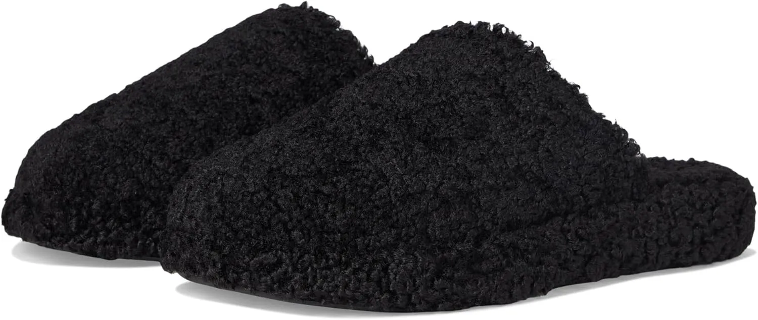 FitFlop iQushion D Luxe Padded Teddy Slipper Mules - Women's Fluffy Cozy House Shoes, Indoor Outdoor Slippers with Arch Support, Ultra Light Cushioning, Slip Resistant Rubber Sole