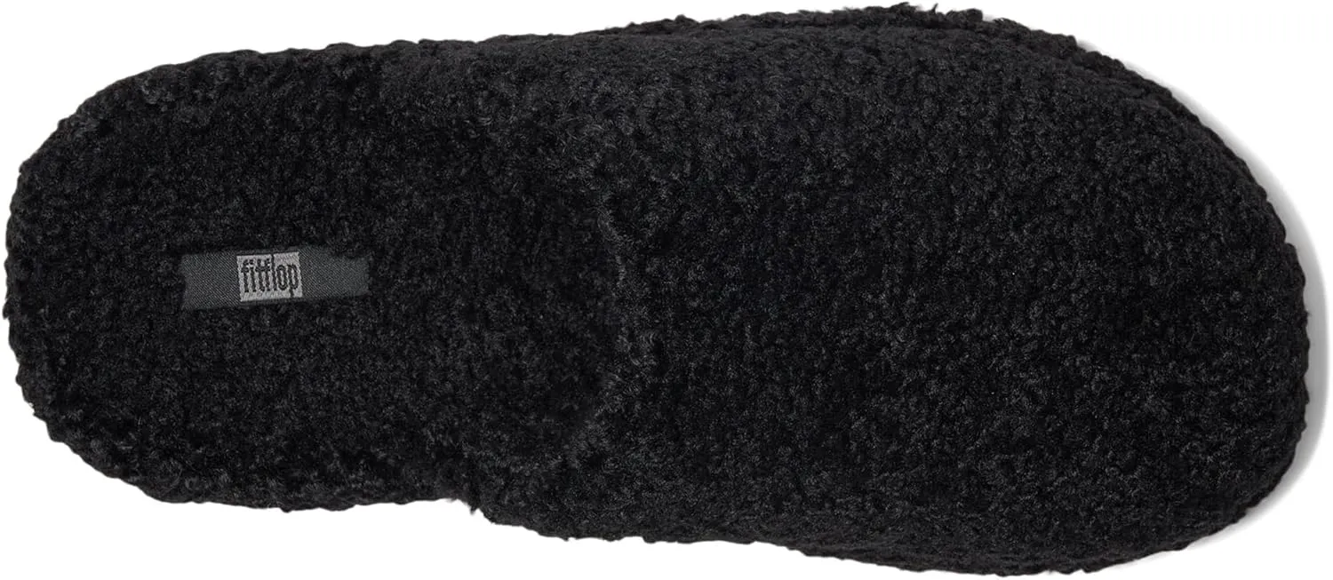 FitFlop iQushion D Luxe Padded Teddy Slipper Mules - Women's Fluffy Cozy House Shoes, Indoor Outdoor Slippers with Arch Support, Ultra Light Cushioning, Slip Resistant Rubber Sole