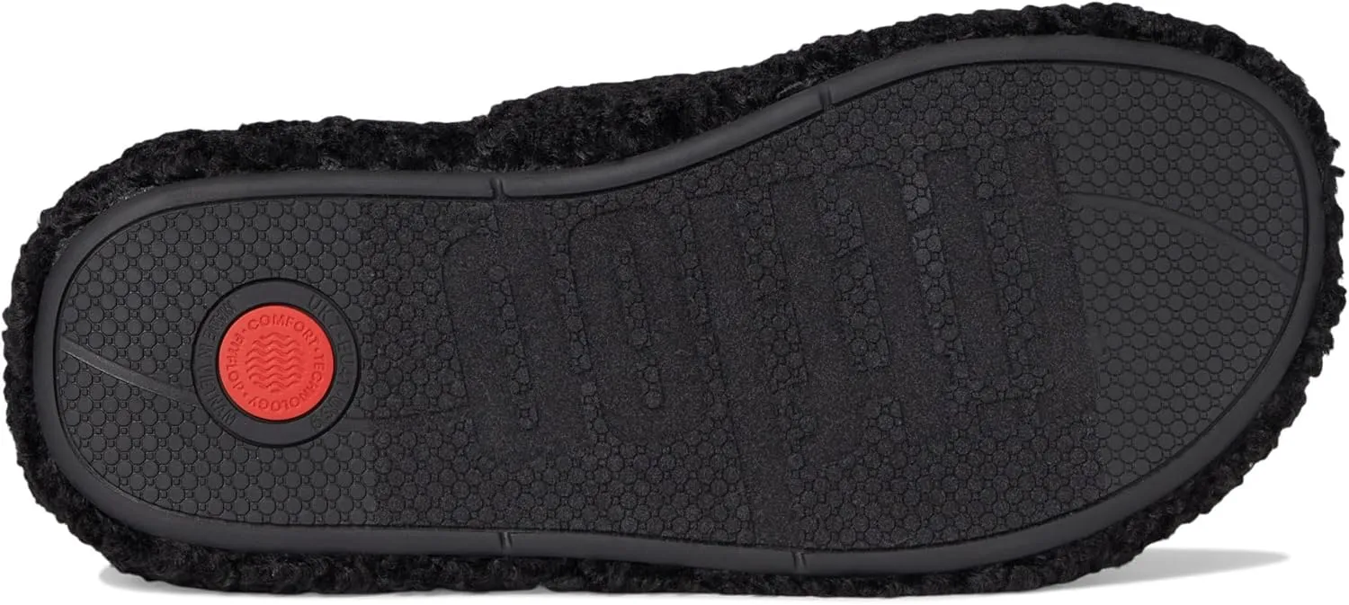 FitFlop iQushion D Luxe Padded Teddy Slipper Mules - Women's Fluffy Cozy House Shoes, Indoor Outdoor Slippers with Arch Support, Ultra Light Cushioning, Slip Resistant Rubber Sole