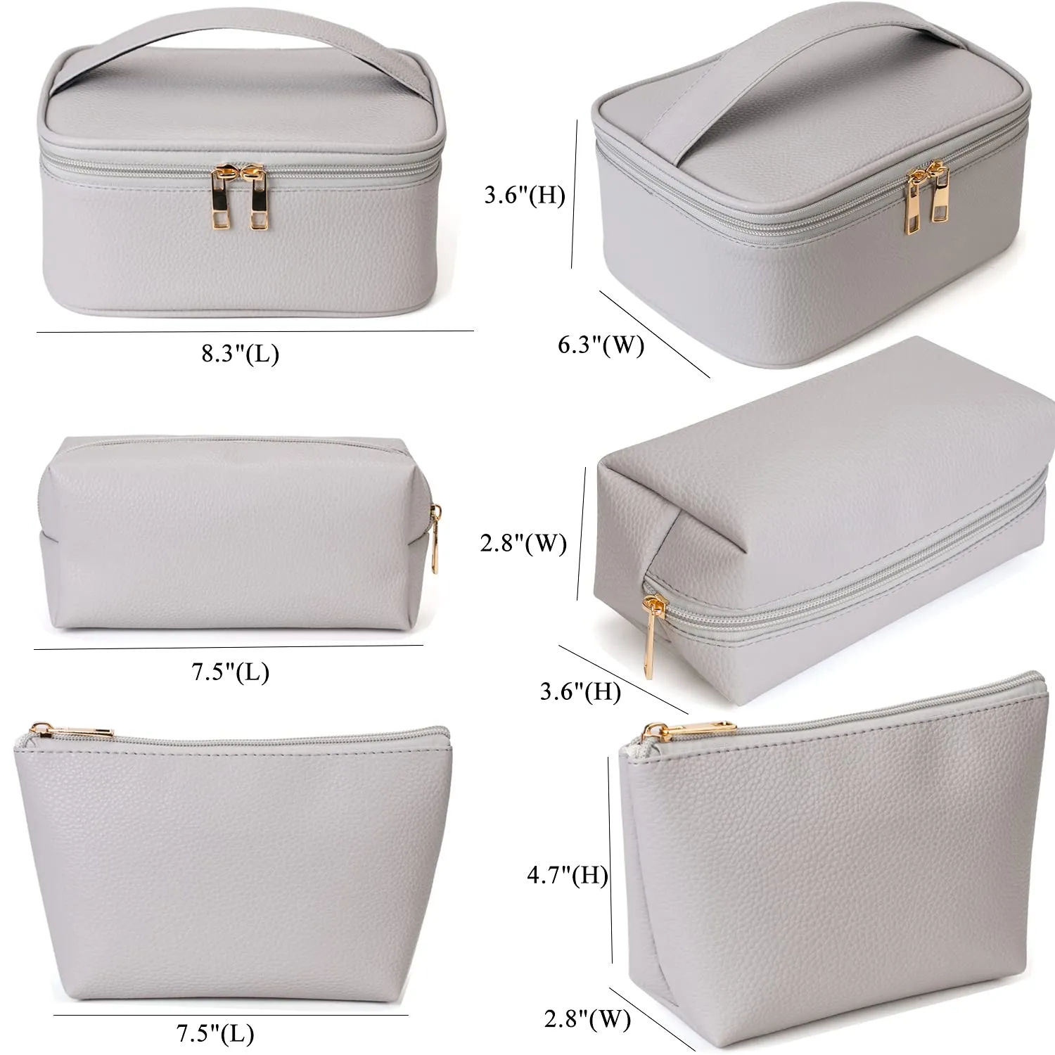 FITINI Makeup Bag Travel Large Toiletry Bag 3 Pack Portable Cosmetic Organizer Pouch with Small Brush Storage Case Gold Zipper Waterproof for Women and Girls,Gray