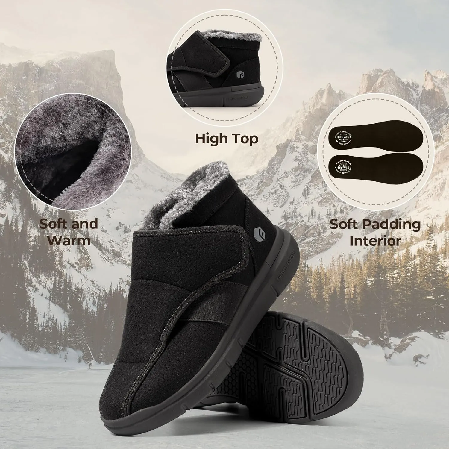 FitVille Diabetic Shoes for Men Extra Wide Width, Warm Slip-on Winter Slipper Boots with Adjustable Closures, Snow Boots for Swollen Feet, Neuropathy