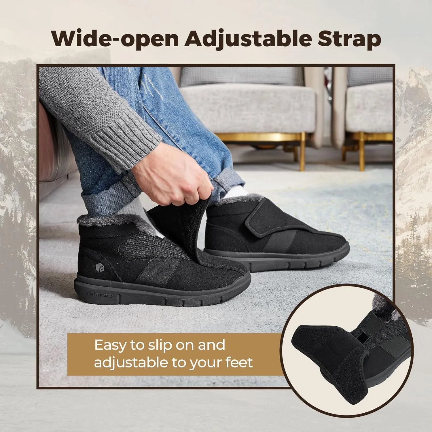 FitVille Diabetic Shoes for Men Extra Wide Width, Warm Slip-on Winter Slipper Boots with Adjustable Closures, Snow Boots for Swollen Feet, Neuropathy