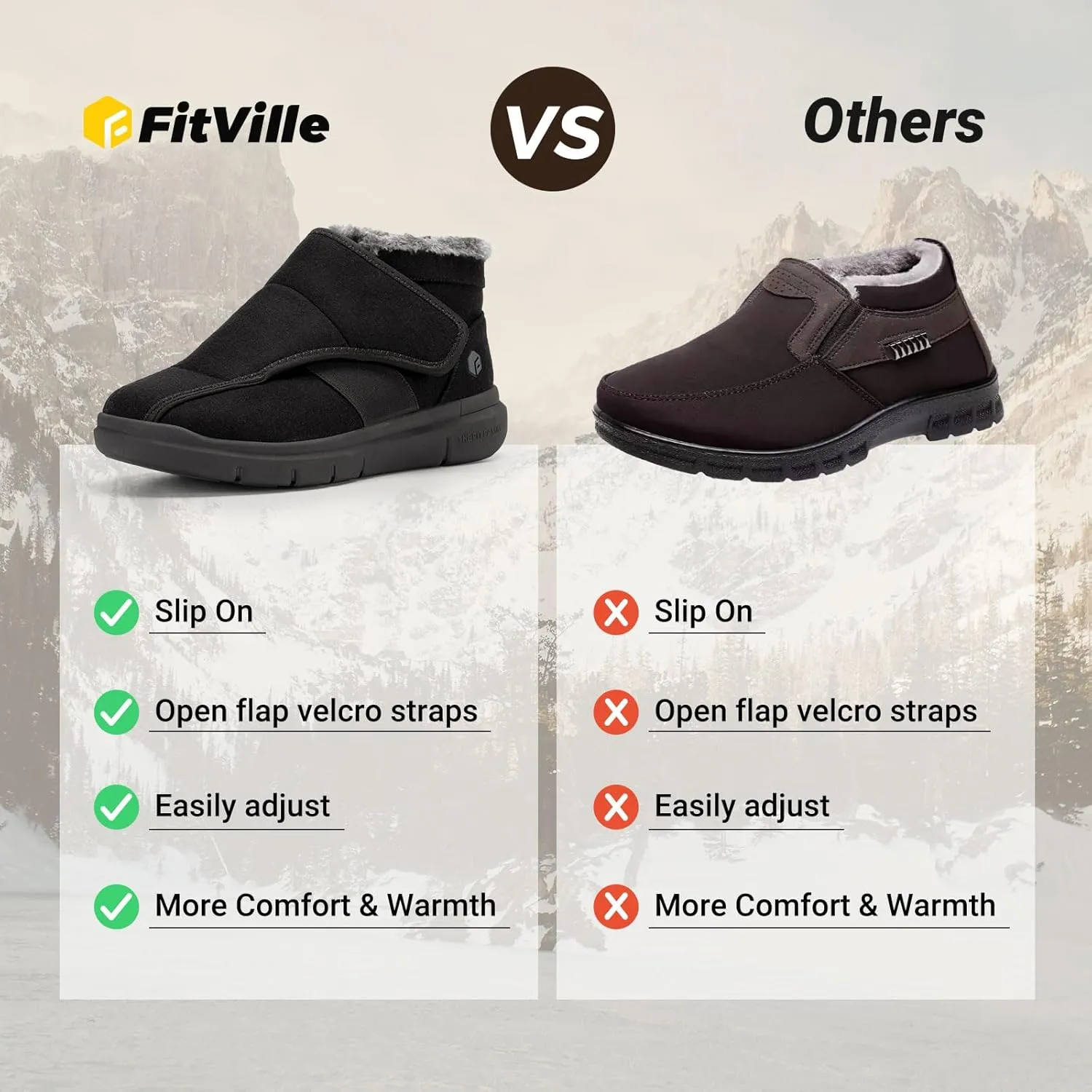 FitVille Diabetic Shoes for Men Extra Wide Width, Warm Slip-on Winter Slipper Boots with Adjustable Closures, Snow Boots for Swollen Feet, Neuropathy