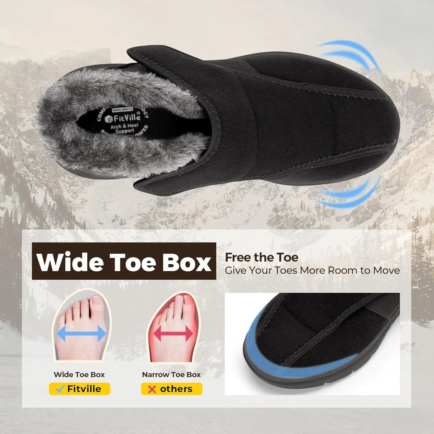 FitVille Diabetic Shoes for Men Extra Wide Width, Warm Slip-on Winter Slipper Boots with Adjustable Closures, Snow Boots for Swollen Feet, Neuropathy