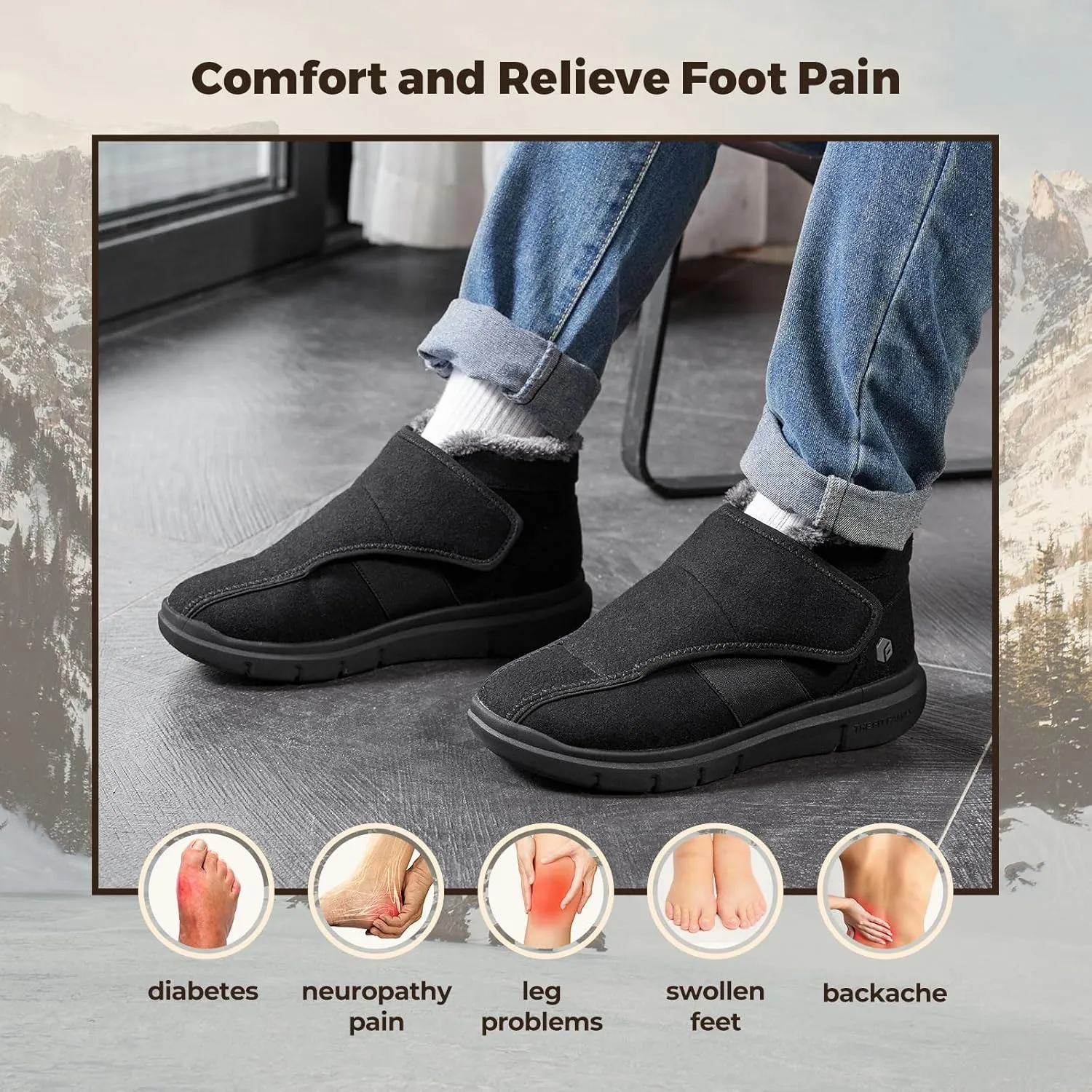 FitVille Diabetic Shoes for Men Extra Wide Width, Warm Slip-on Winter Slipper Boots with Adjustable Closures, Snow Boots for Swollen Feet, Neuropathy