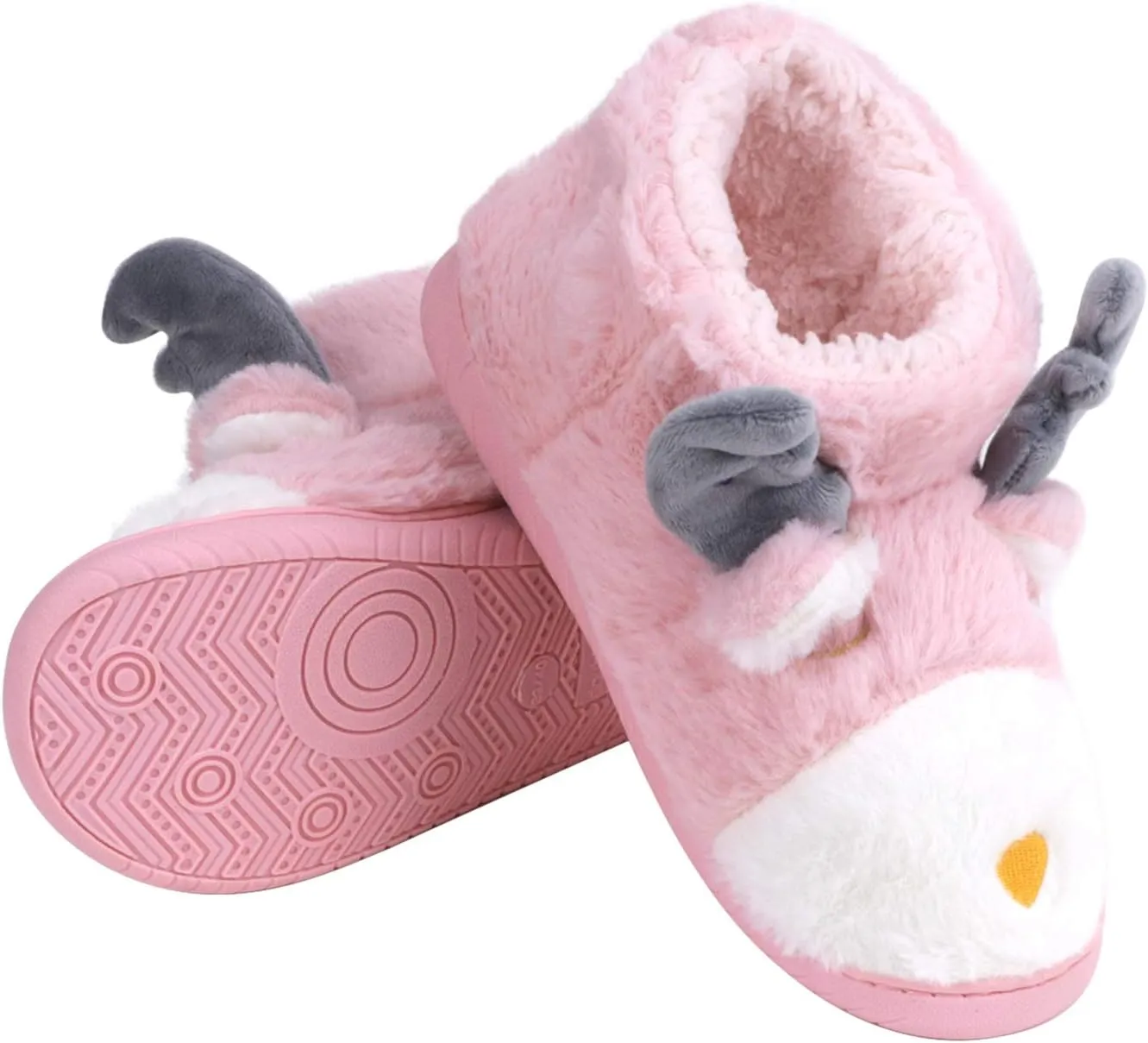Fluffy Christmas Deer Slipper Plush Boots Ladies Indoor Outdoor Ankle Bootie Thermal Warm Shoes for Girls Women Fleece Lining Thicken Cotton Slippers Anti-Slip Sole Winter Booties Cosy Home Boots