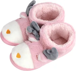 Fluffy Christmas Deer Slipper Plush Boots Ladies Indoor Outdoor Ankle Bootie Thermal Warm Shoes for Girls Women Fleece Lining Thicken Cotton Slippers Anti-Slip Sole Winter Booties Cosy Home Boots