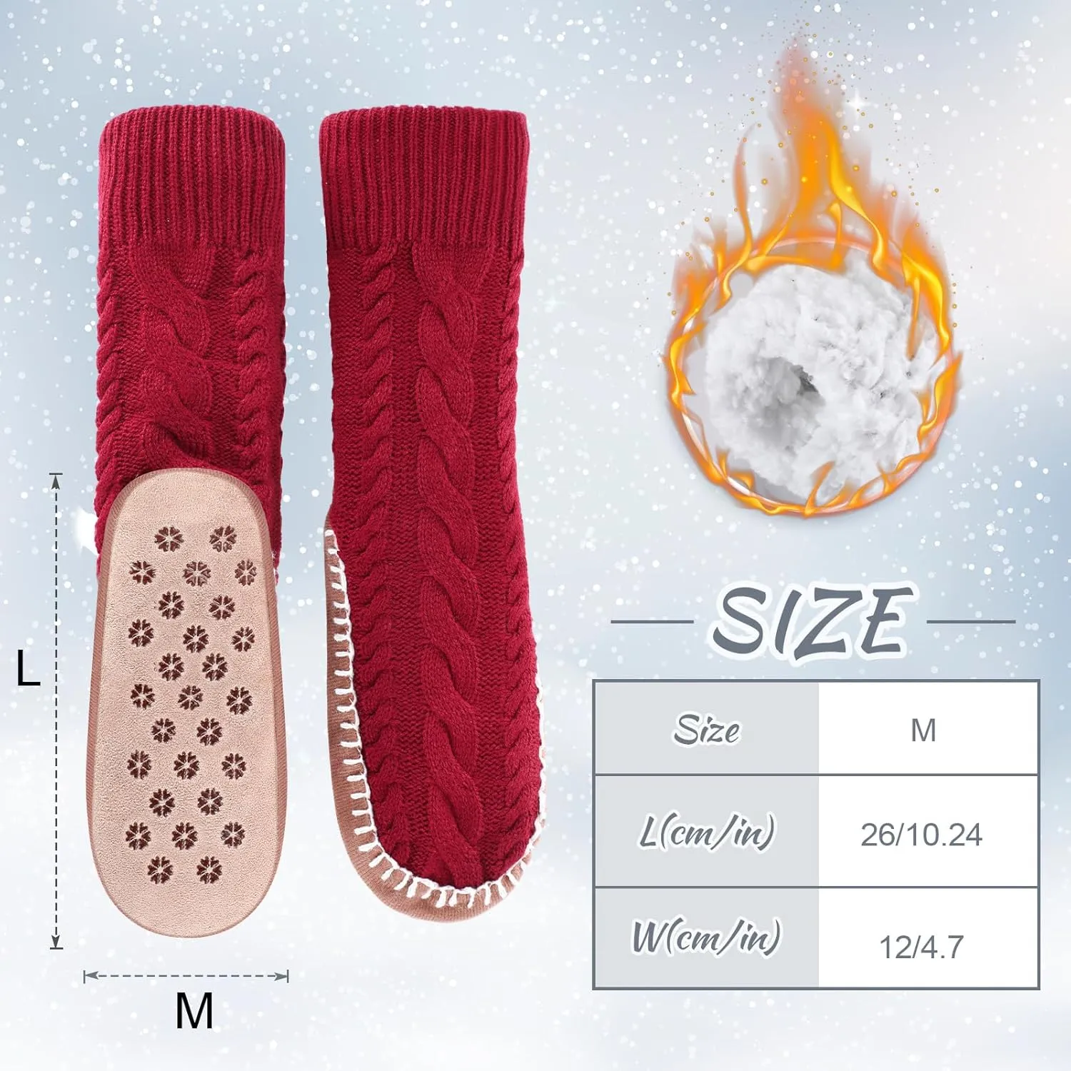 Foaincore Women's Slipper Socks with Soles Knit Non Skid Socks Indoor Winter Thick Lined Slipper Socks, Size 9-11