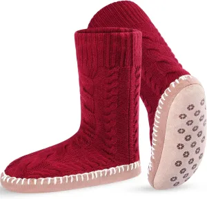 Foaincore Women's Slipper Socks with Soles Knit Non Skid Socks Indoor Winter Thick Lined Slipper Socks, Size 9-11