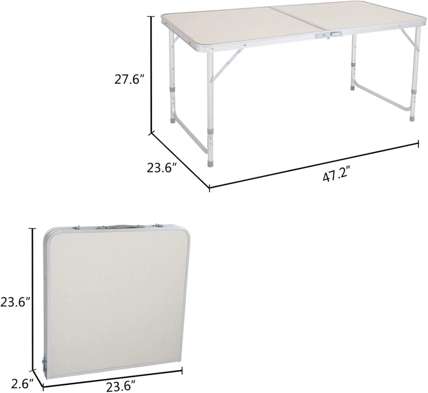 Folding Camping Table, Aluminum Height Adjustable Lightweight Desk Portable Handle, Roll Up Top Weatherproof and Rust Resistant Table for Outdoor Picnic Beach Backyard, White (4 FT)