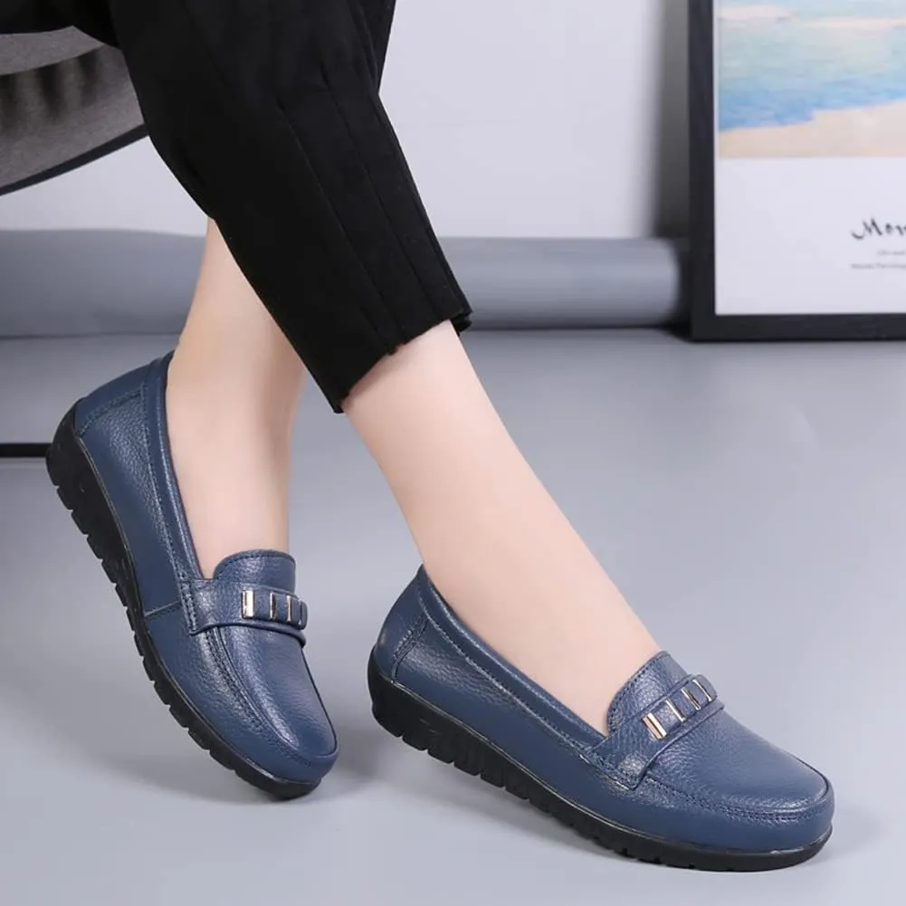 FolHaoth Loafers for Womens Comfortable Leather Moccasins Dress Shoes Casual Slip On Walking Womens Flats Loafers Fashion Boat Shoes Classic Nurse Work Flat Shoes