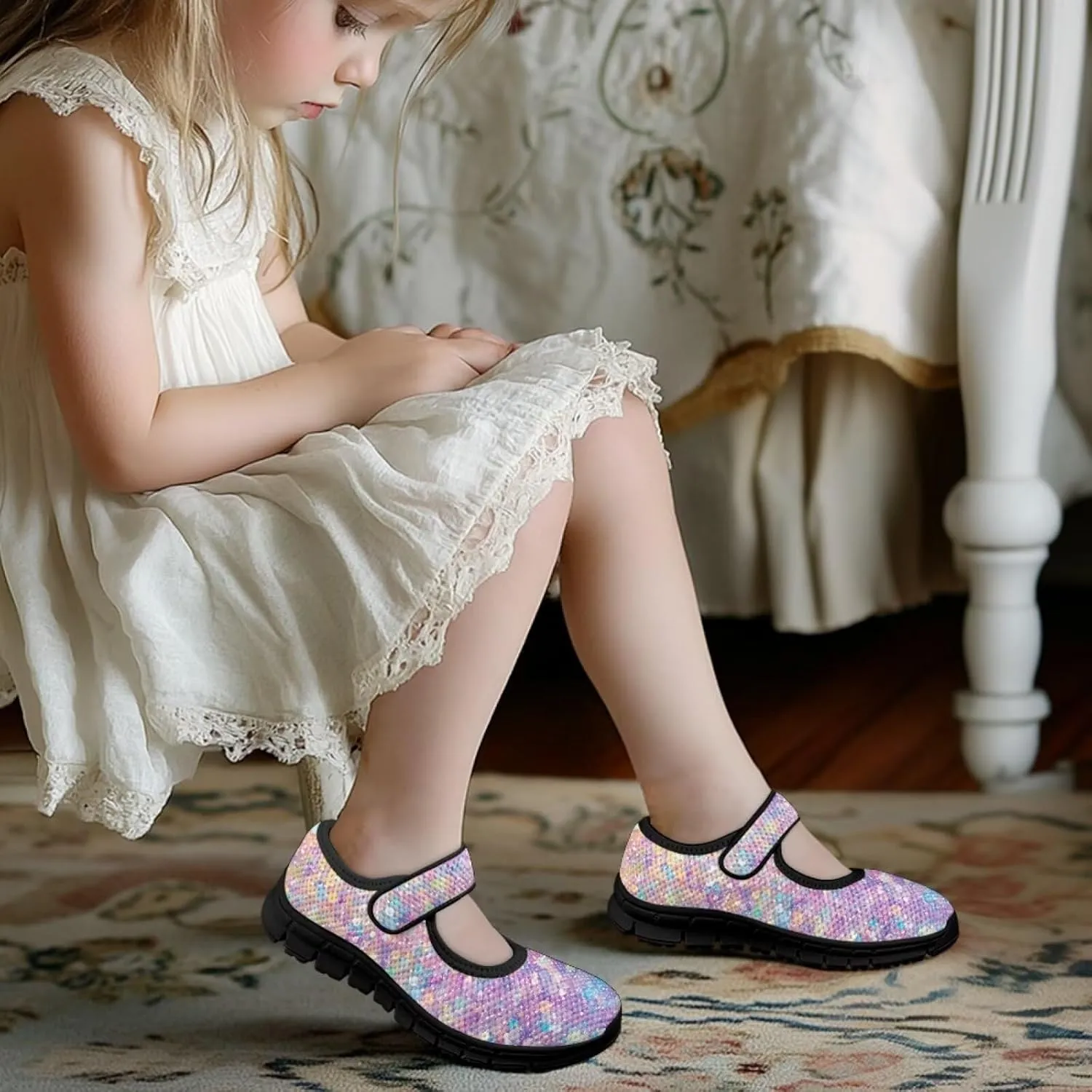 Forchrinse Bling Bling Print Girls Mary Jane Flat,Toddle Sliver Shining Print Dress Shoes Ballet Flat for Flower Girls Costume Party Dress Shoes,Causal Back to School Shoes,Size 11-2.5