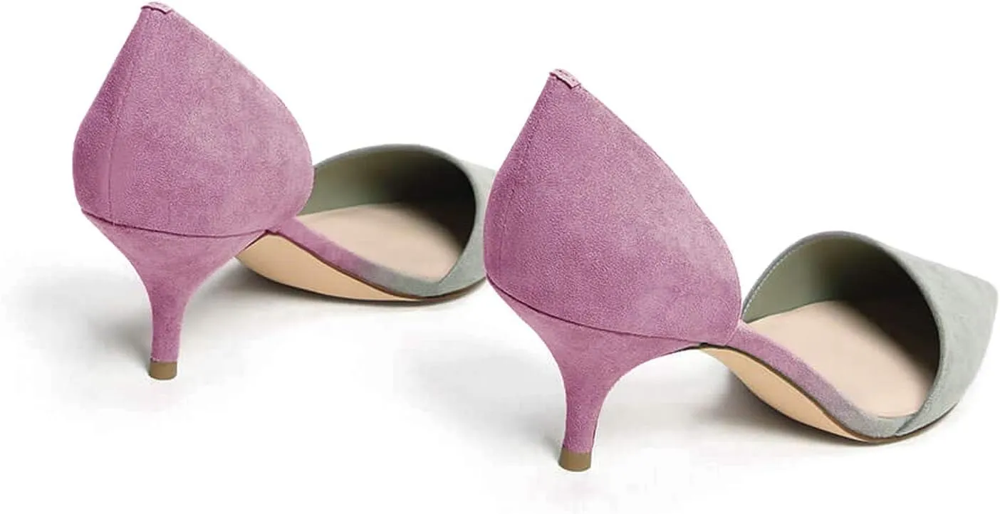 FOWT Women Closed Pointed Toe Kitten Heel Pumps Slip On Two Toned D'Orsay Low Stiletto Sandals Ladies Chic Shoes for Dress Office Party 4-16 M US
