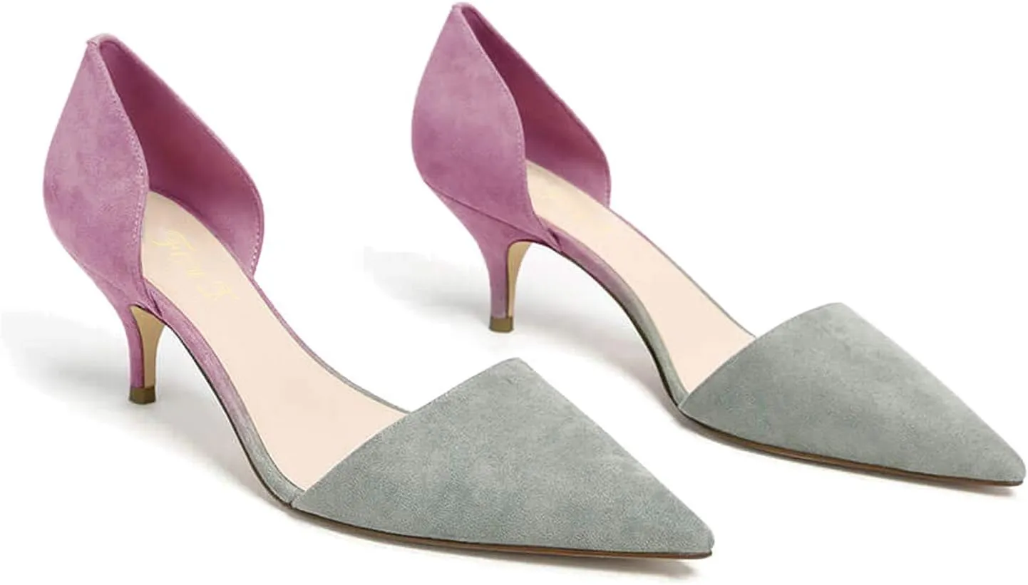 FOWT Women Closed Pointed Toe Kitten Heel Pumps Slip On Two Toned D'Orsay Low Stiletto Sandals Ladies Chic Shoes for Dress Office Party 4-16 M US