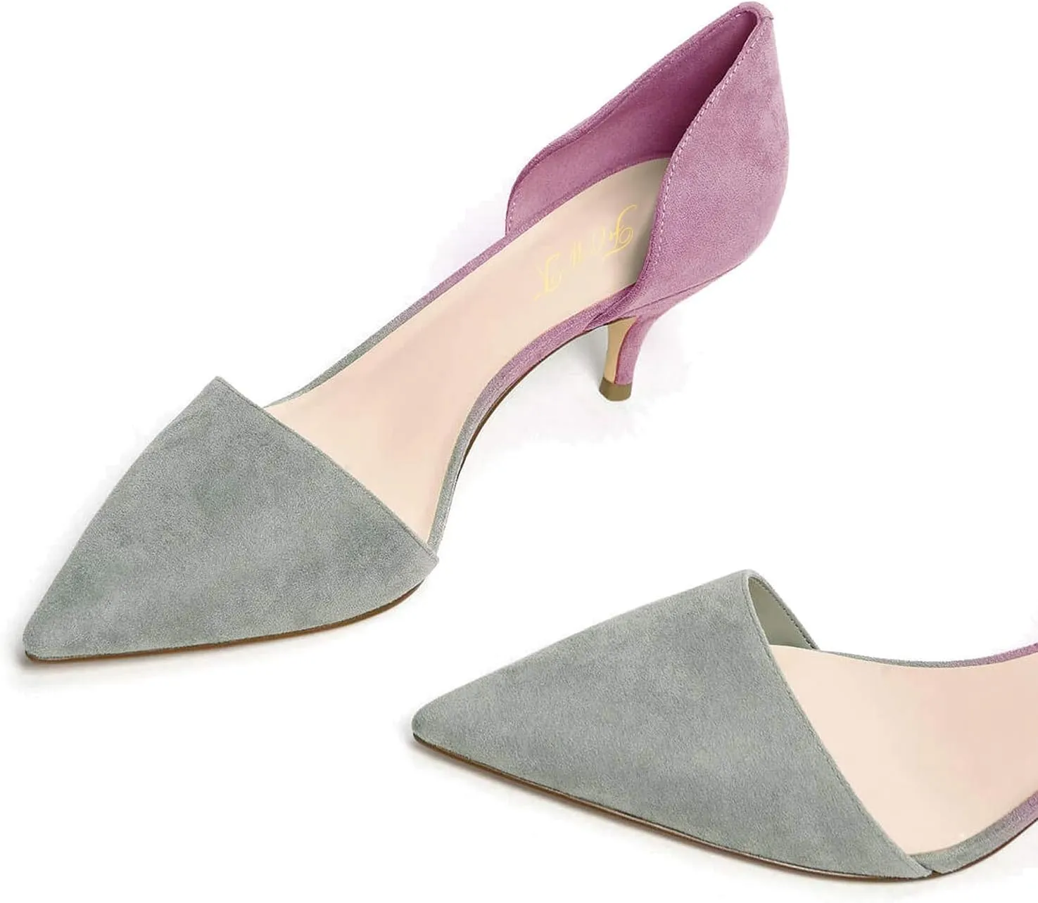 FOWT Women Closed Pointed Toe Kitten Heel Pumps Slip On Two Toned D'Orsay Low Stiletto Sandals Ladies Chic Shoes for Dress Office Party 4-16 M US