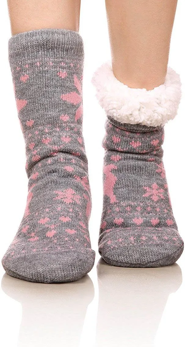 FRALOSHA Women's Slipper Socks Warm Fuzzy Fleece-lined Indoor Anti-Skid Floor Socks 3 Pairs Christmas Gift