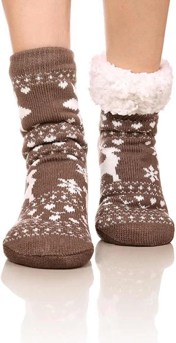 FRALOSHA Women's Slipper Socks Warm Fuzzy Fleece-lined Indoor Anti-Skid Floor Socks 3 Pairs Christmas Gift